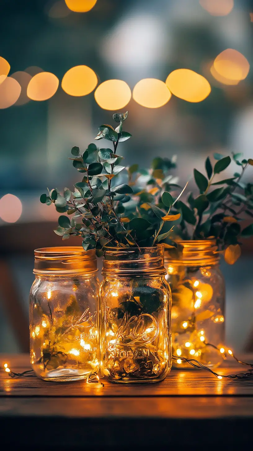 Cozy close up of mason jars with greenery and lights