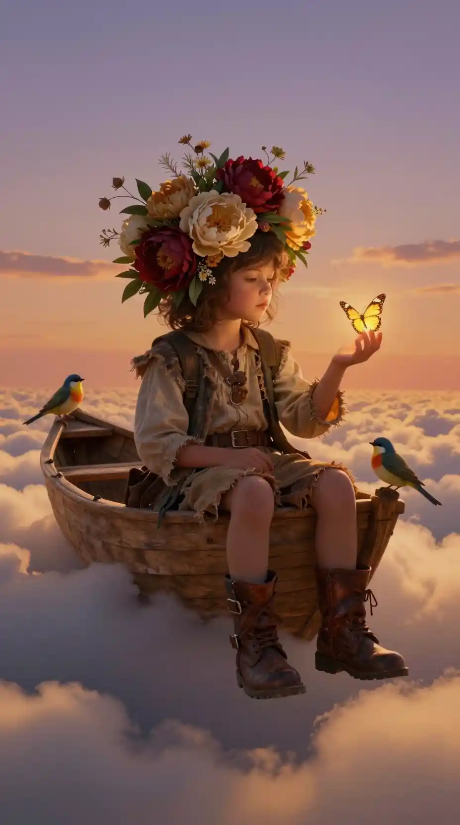 Child on floating boat in golden cloud sea at sunset