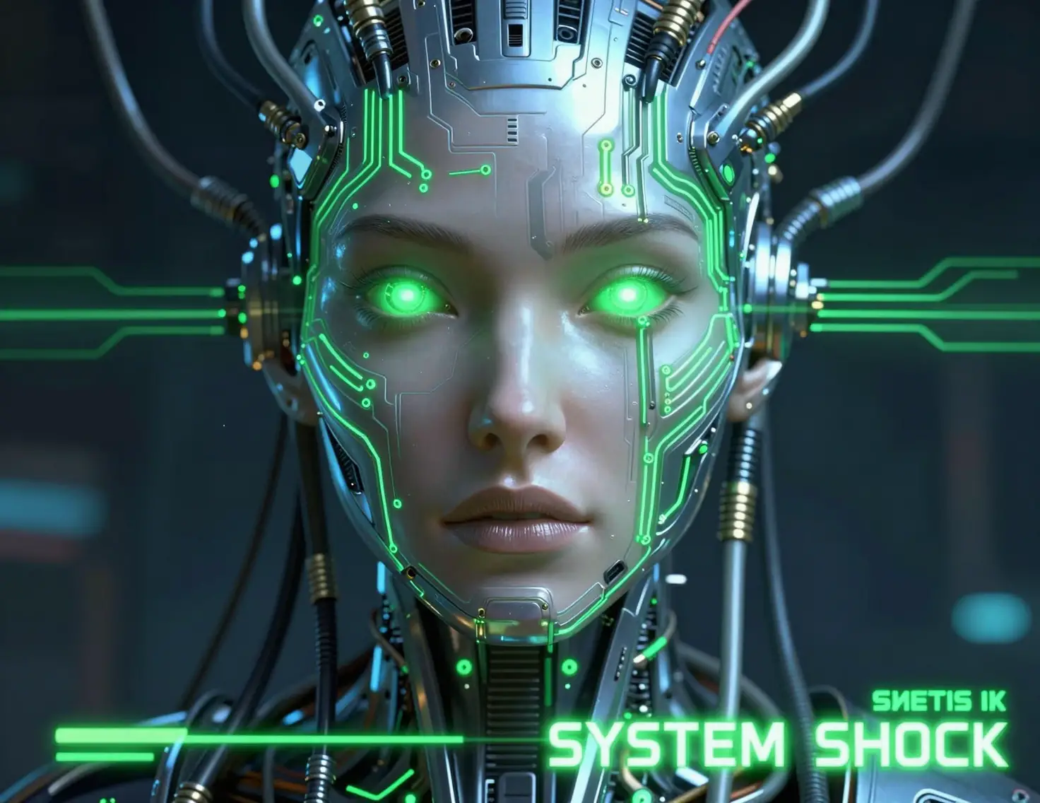 Volto femminile cibernetico che brilla in un'interfaccia sci‑fi oscura