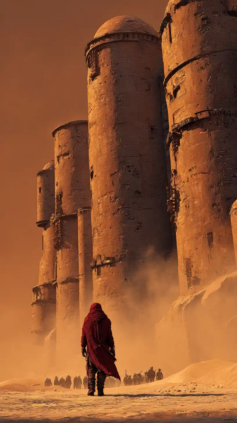 Lone wanderer before a colossal desert fortress stronghold