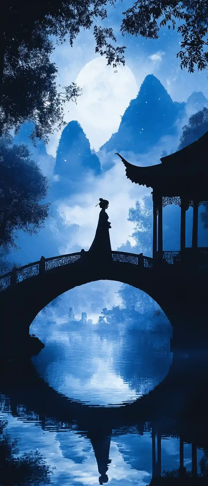 Young Chinese woman on bridge under moonlit mountain sky