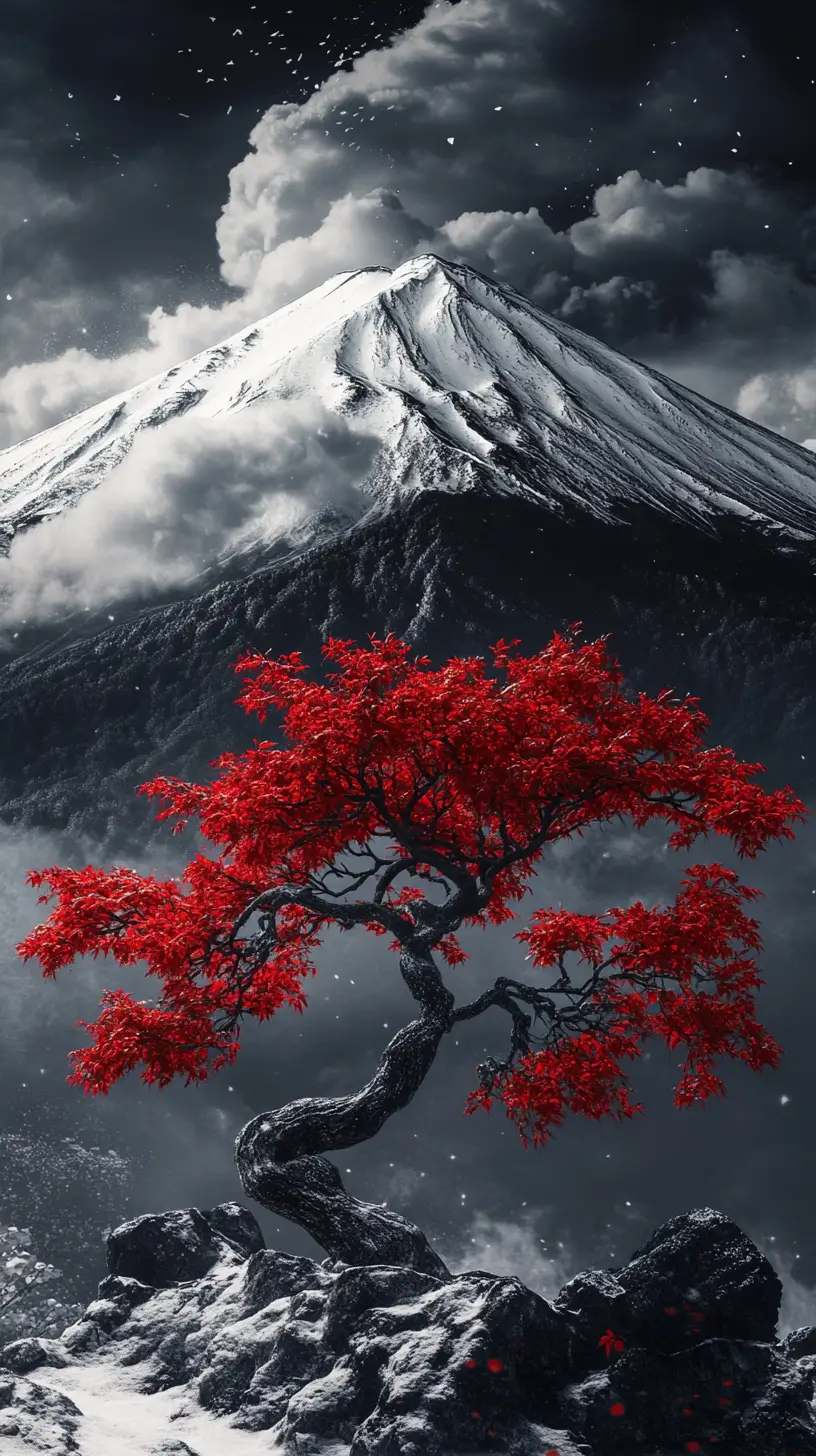 Red Tree Before Snow Capped Mount Fuji In Clouds