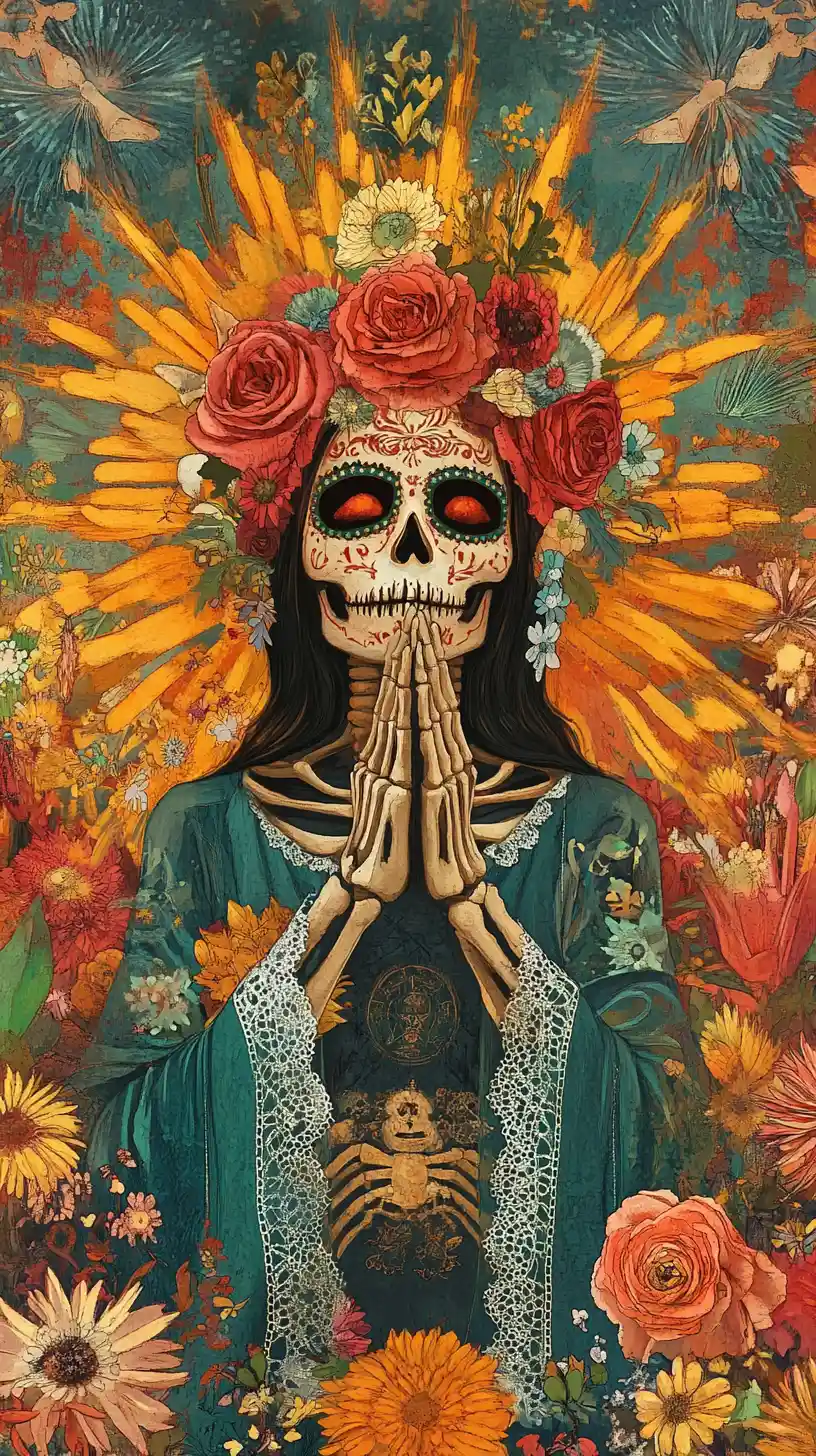 Mystical saint surrounded by florals and sacred symbols