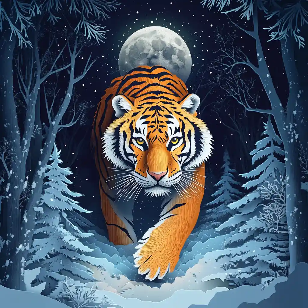 Tigre dell’Amur che si aggira in una foresta innevata al chiaro di luna