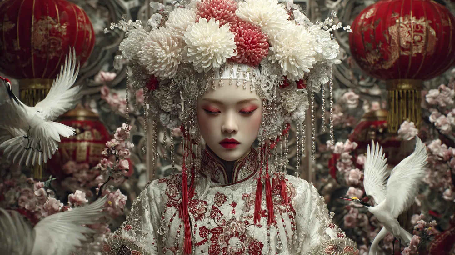 Novia china etérea en retrato de boda floral ornamentado