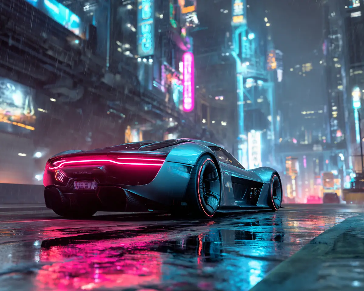 Futuristic Hovercar Parked On Neon Cyberpunk Street