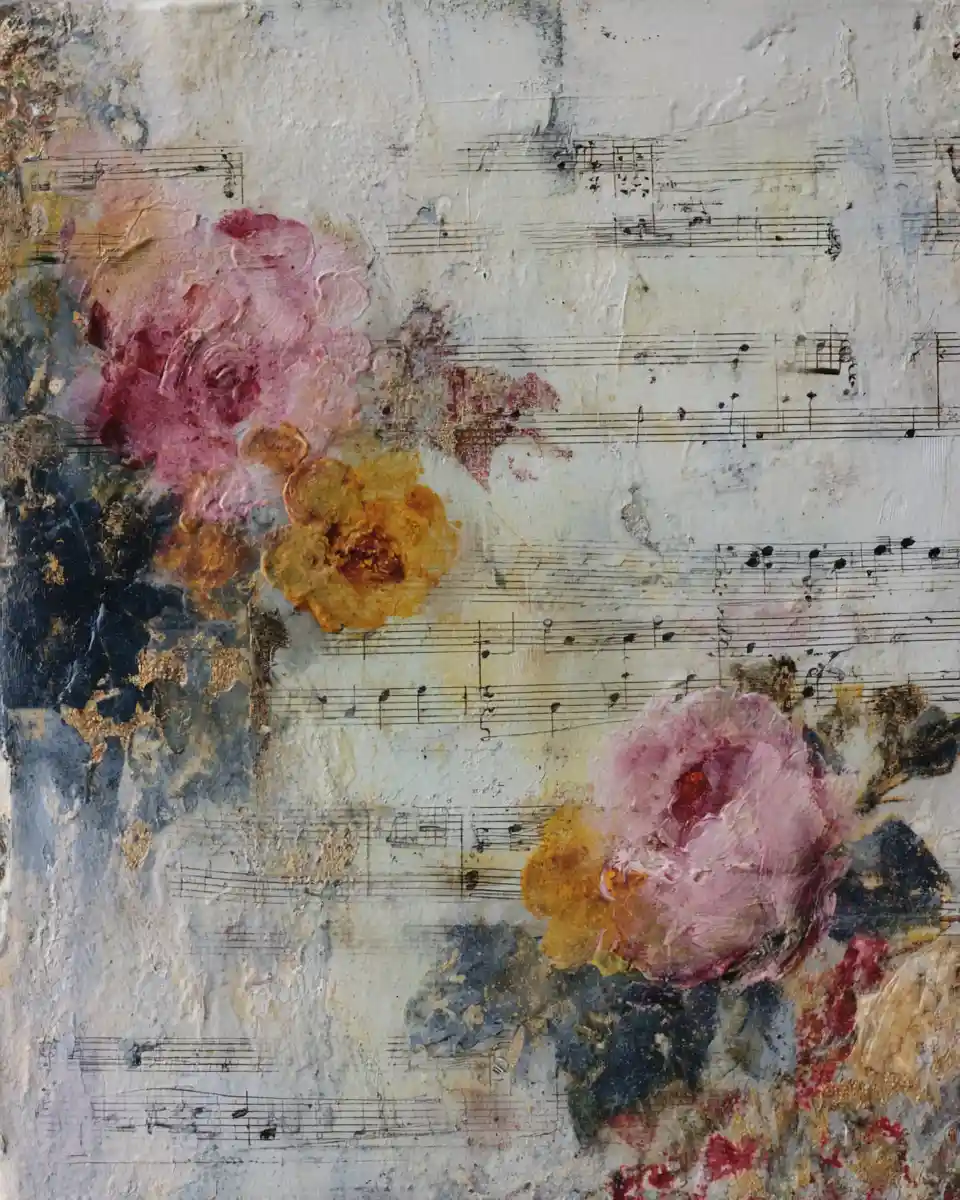 Pintura romântica em mídia mista com flores e partitura musical