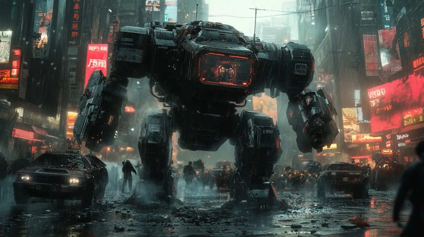 Armored mech advancing through alien war machines in city