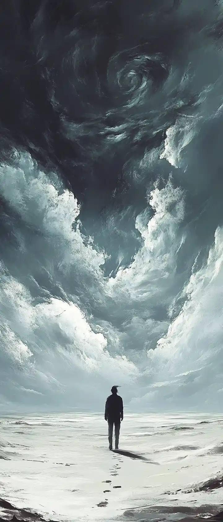 Lone figure on a vast empty plain under grey sky