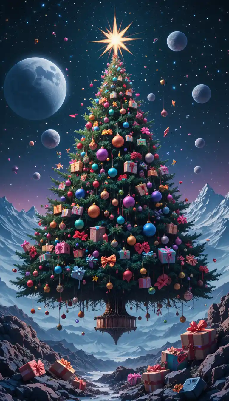 Surrealer Weihnachtsbaum, der im tiefen sternenklaren Weltraum schwebt