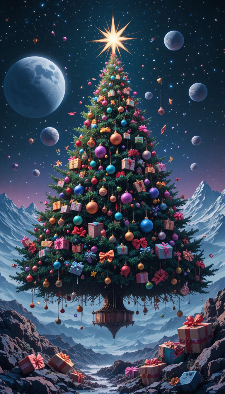 Árvore de Natal surreal flutuando no profundo espaço sideral estrelado