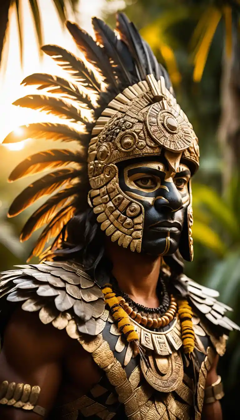 Guerreiro jaguar asteca oculto na folhagem brilhante da selva
