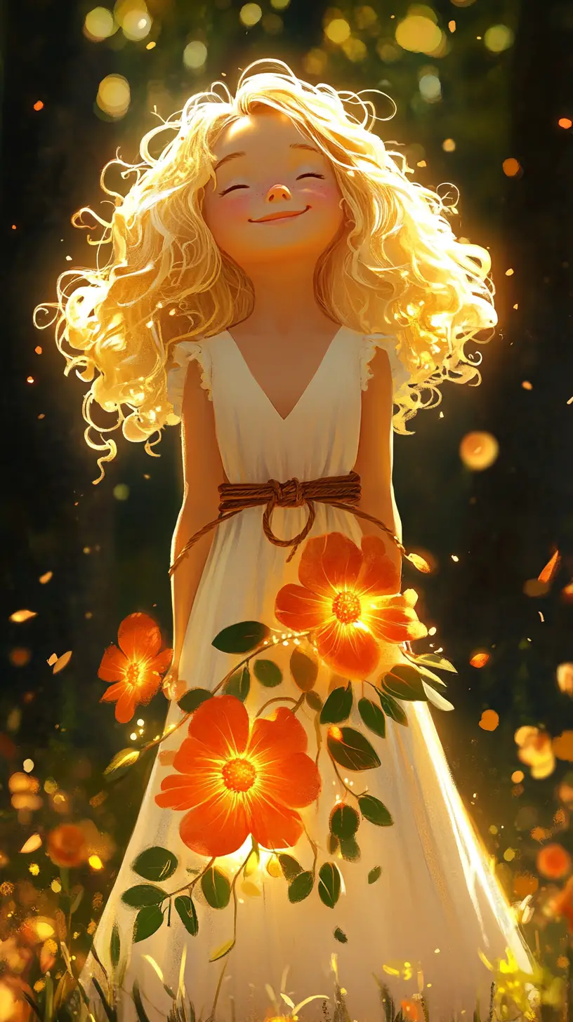 Lächelndes Mädchen im Blumen­kleid auf einer sonnigen Waldlichtung