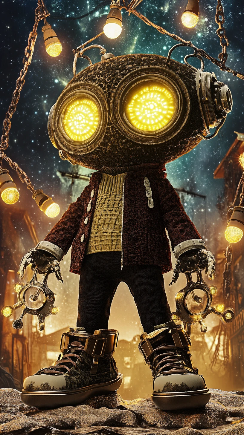 Cyberpunk humanoid creature in a glowing celestial void