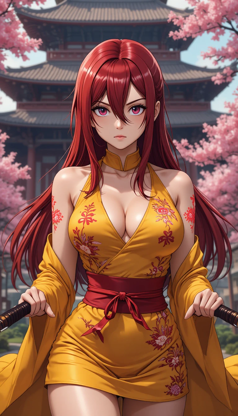 Anime-Kriegerin mit Katanas an einem japanischen Tempel