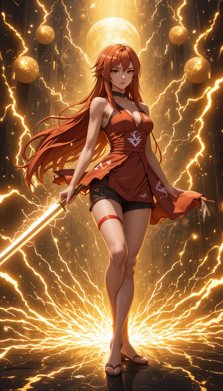 Anime warrior woman drawing her blade amid cosmic lightning