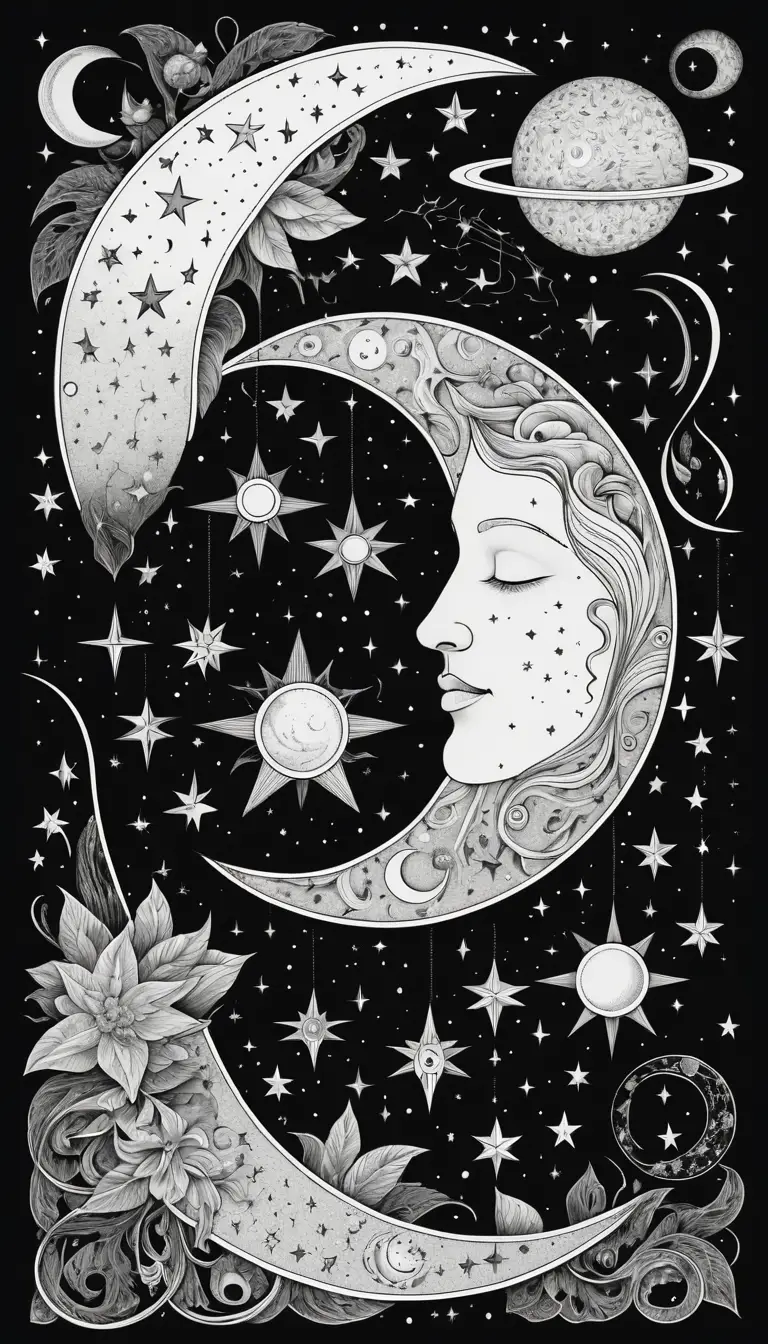Elegant celestial line art stars and moons illustration