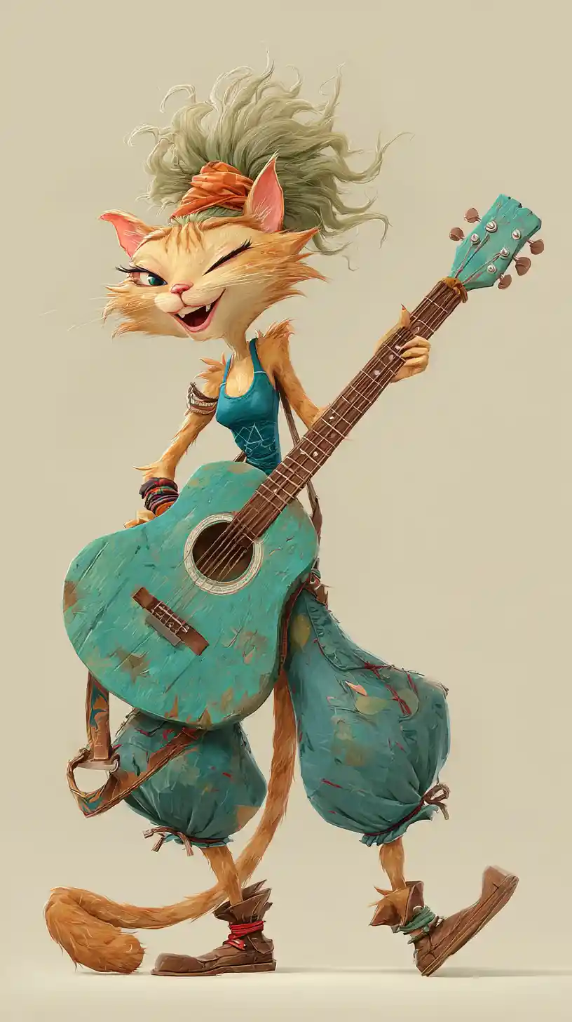 Joyful vagabond cat girl traveling with a guitar