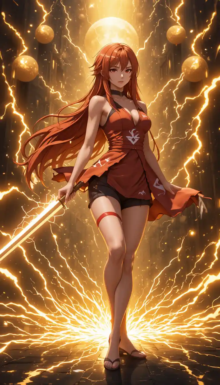 Anime warrior woman drawing her blade amid cosmic lightning