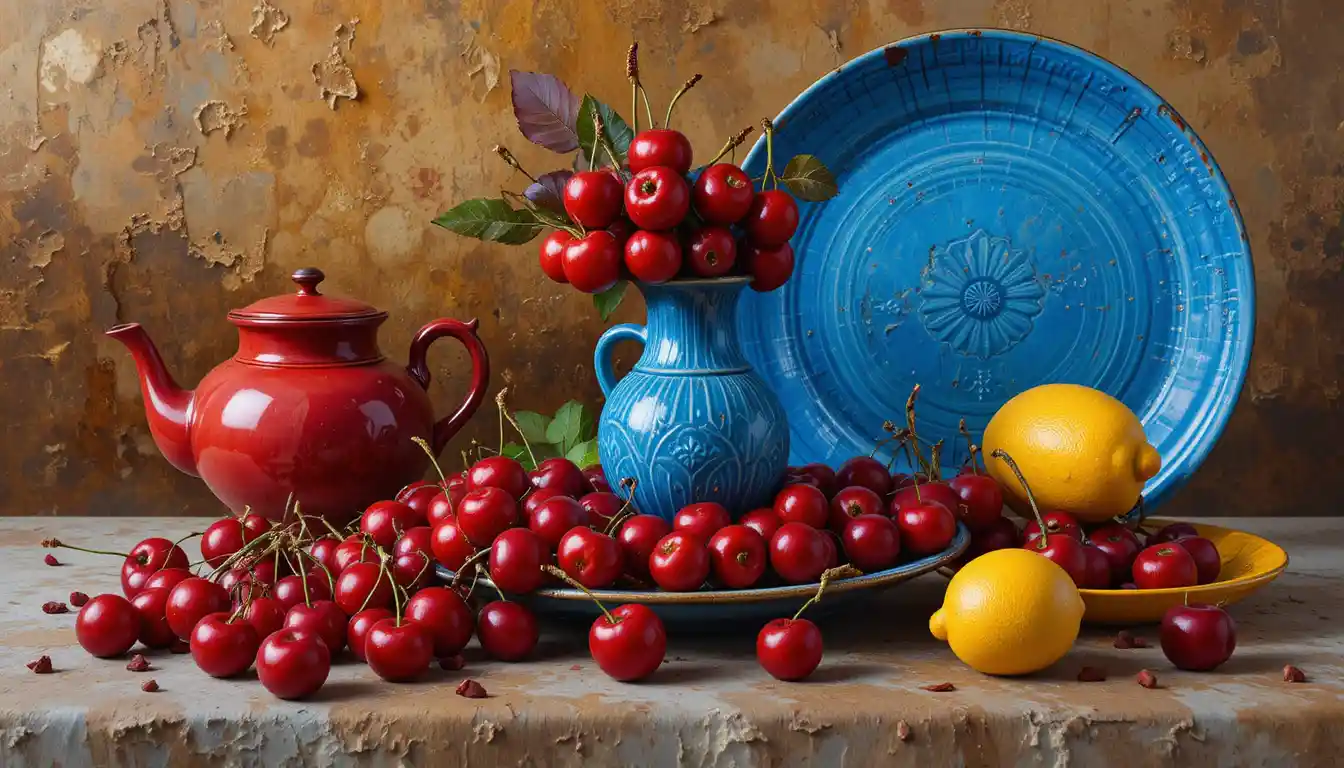 Colorido bodegón con plato azul, cerezas y tetera roja