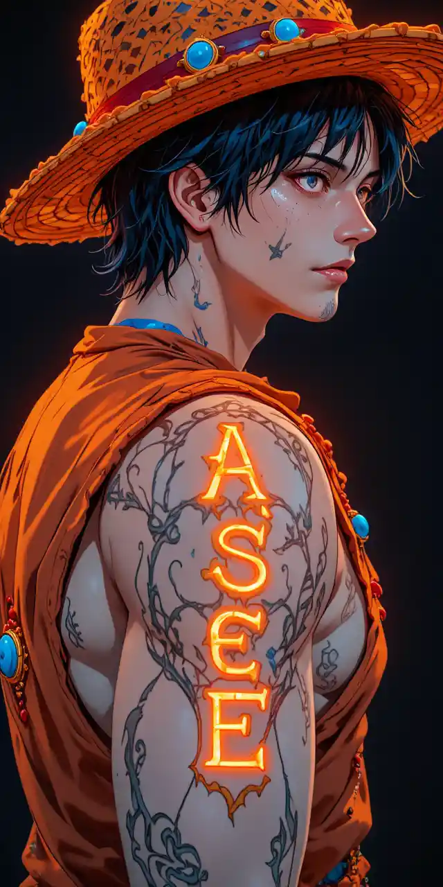 Anime profile portrait of a freckled man with neon tattoo