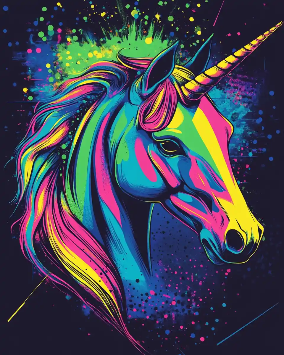 Retrato vibrante de unicórnio em pop art com cores neon elétricas