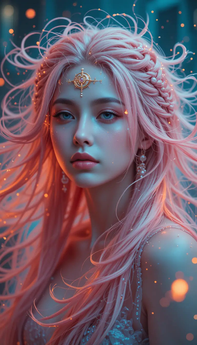 Crying fantasy girl with glowing forehead runes and stardust