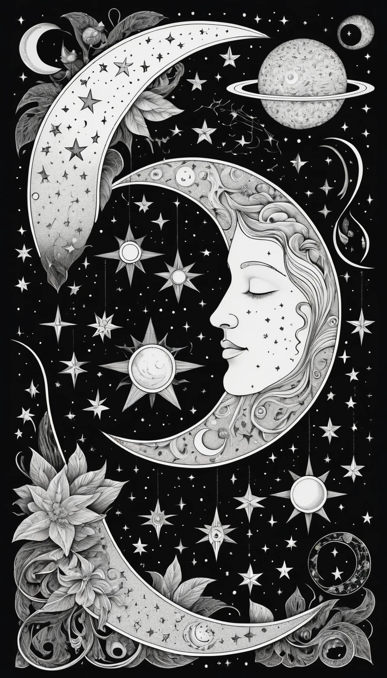 優雅星月天體線條藝術插畫