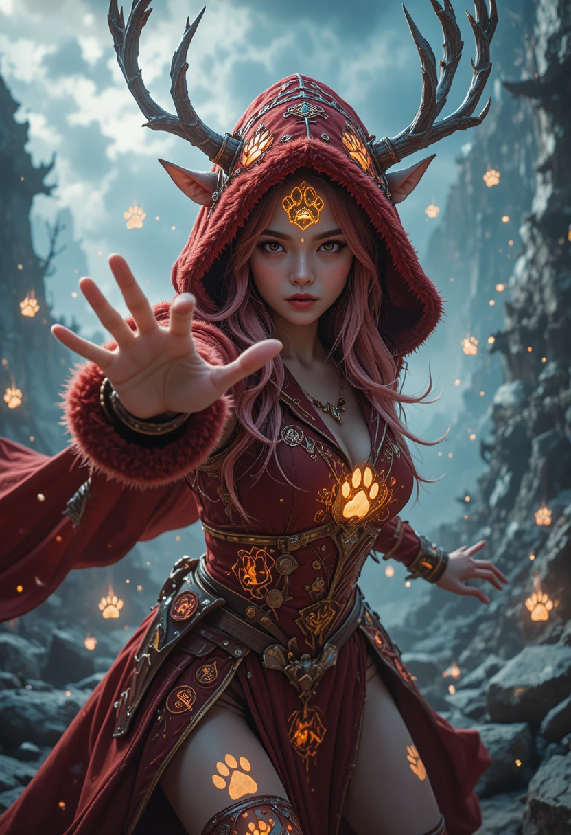Garota maga de anime lançando magia com capuz vermelho de runas
