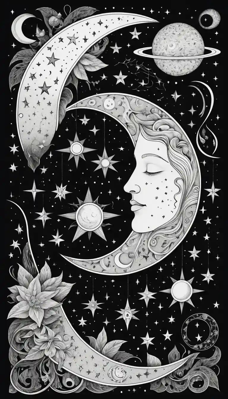 優雅星月天體線條藝術插畫