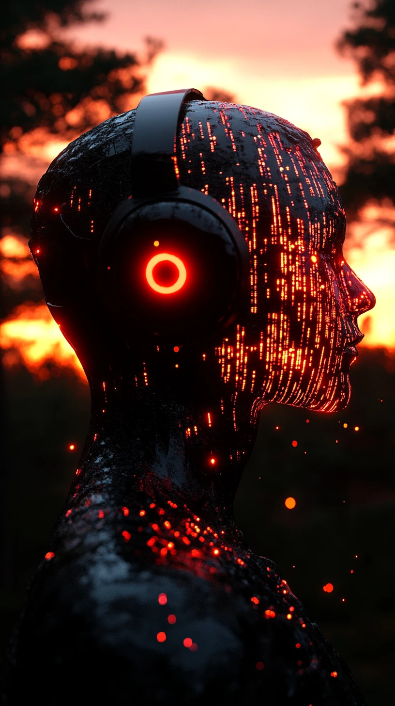 Profil d’androïde futuriste sur fond de forêt au coucher de soleil flamboyant
