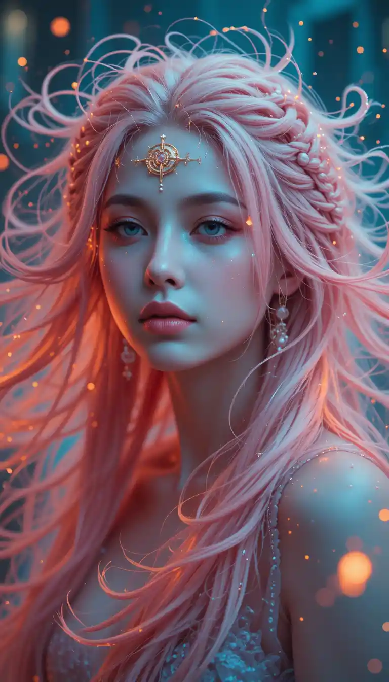 Crying fantasy girl with glowing forehead runes and stardust