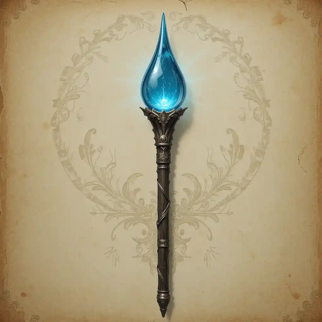 Legendary water magic staff on worn parchment background