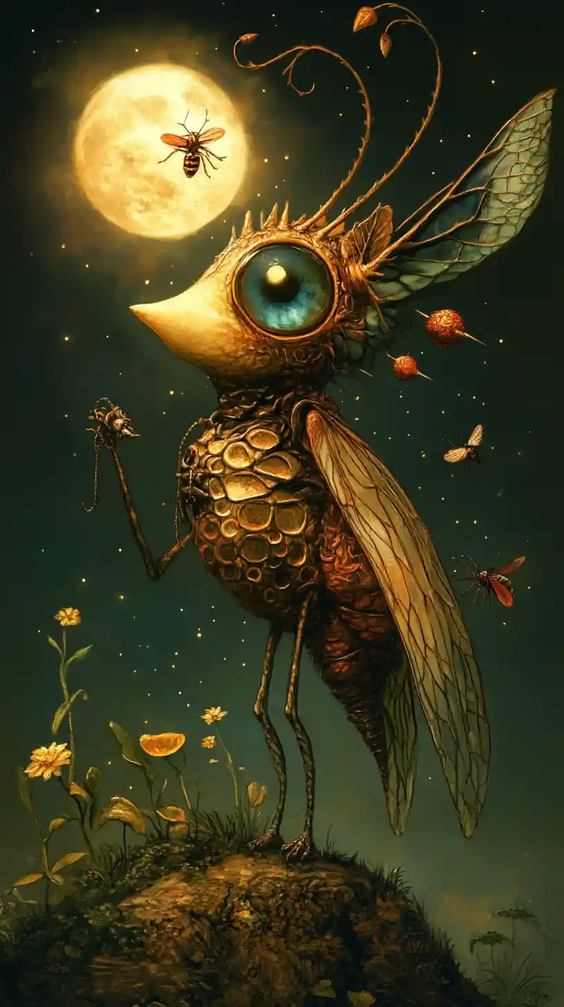 Surreal elf wandering a misty moonlit fantasy landscape