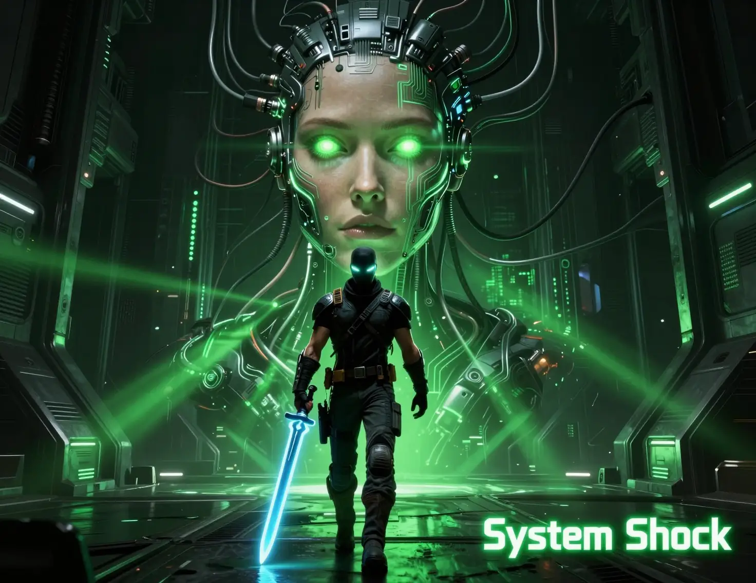 Cyberpunk-Krieger steht einem leuchtenden kybernetischen Frauengesicht gegenüber