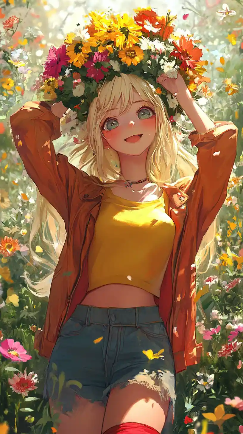 Anime girl balancing colorful flowers on her head