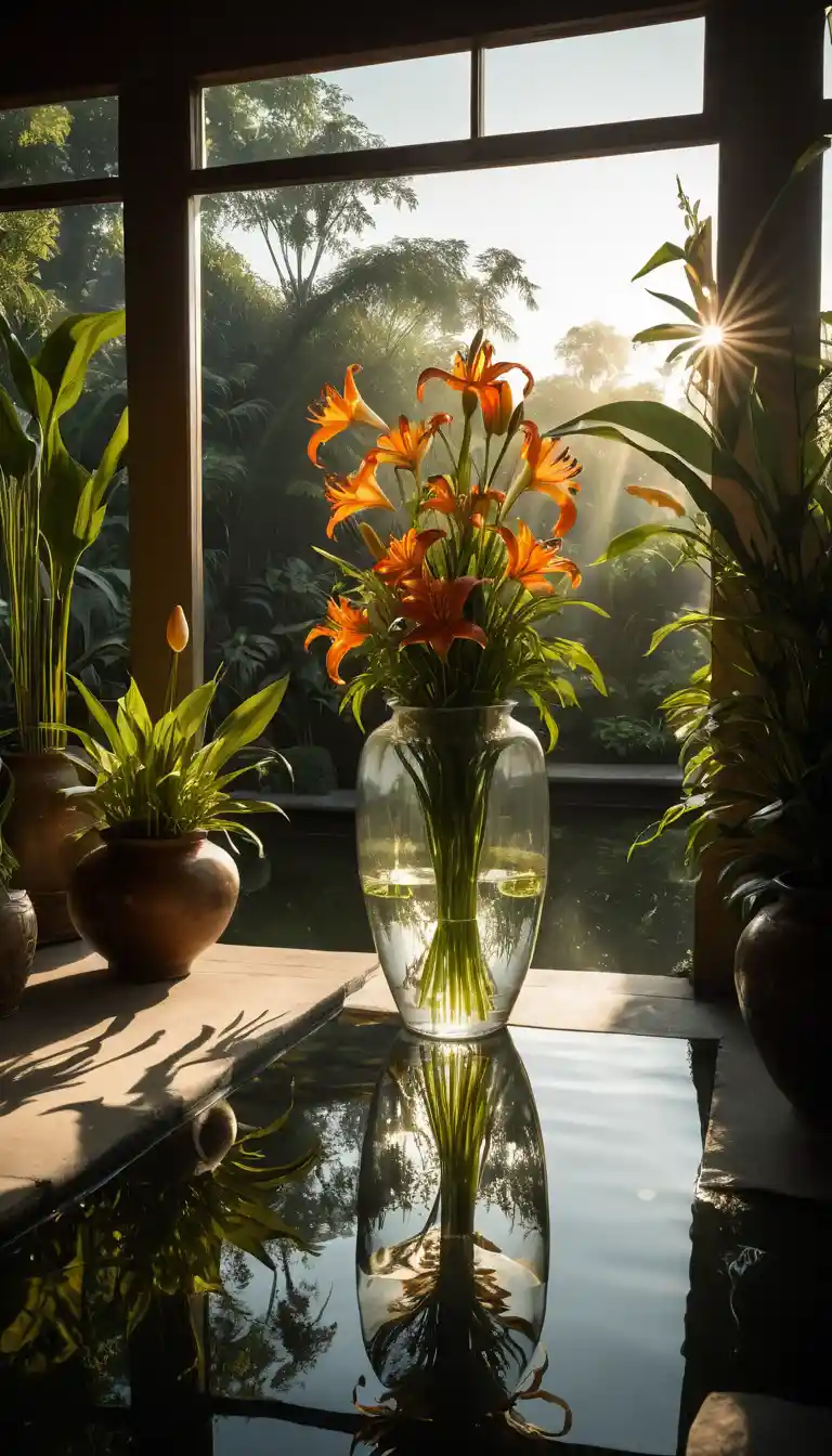 Sunset veranda with flowers and koi in a glass vase