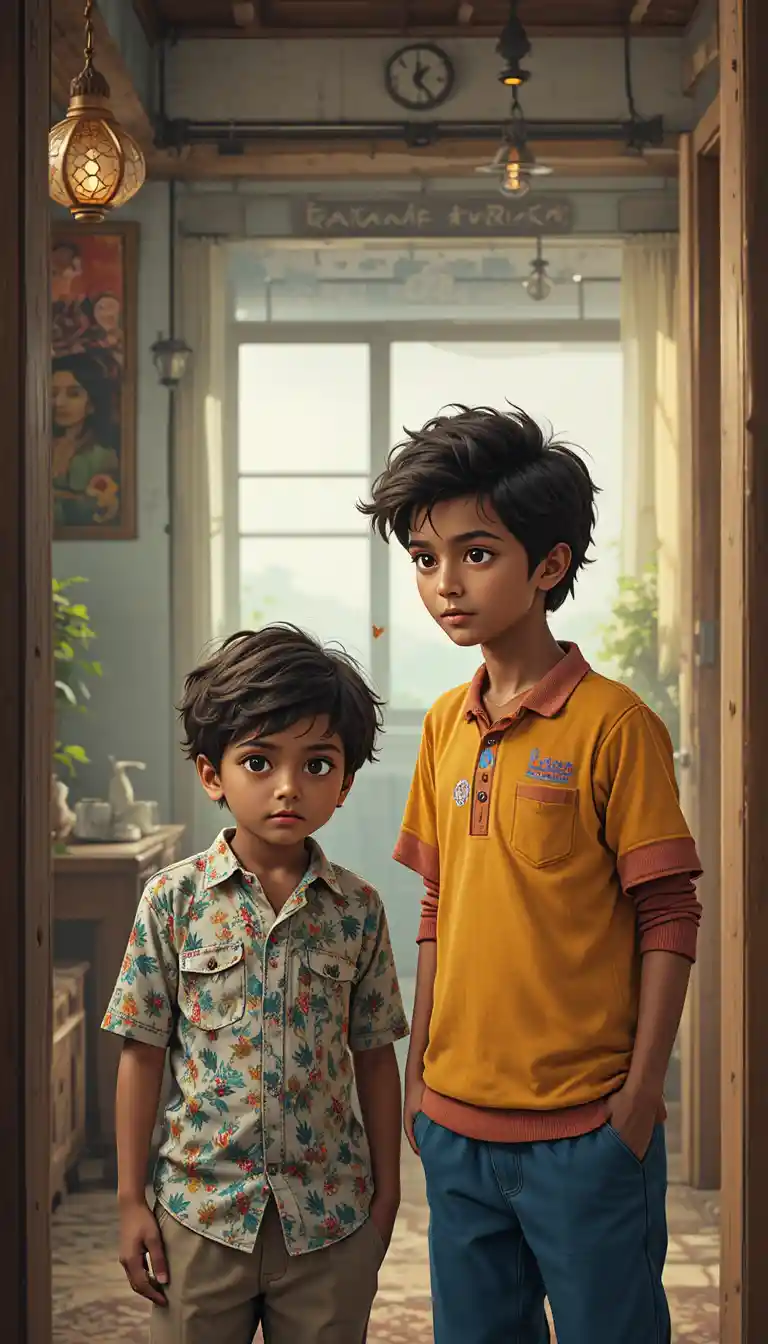 Young boy in a modest home with his wealthy friend