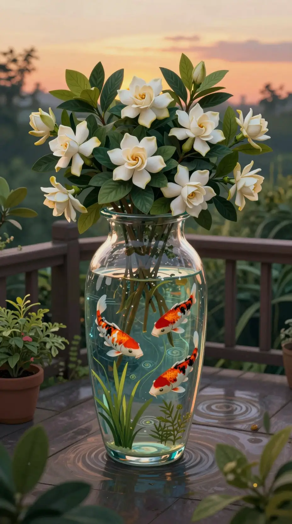 Sunset veranda with gardenia vase and tiny koi world
