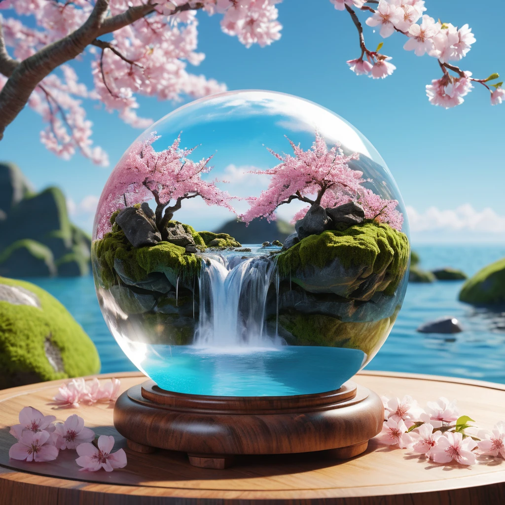 Sfera di cristallo surreale con cascate e fiori di ciliegio