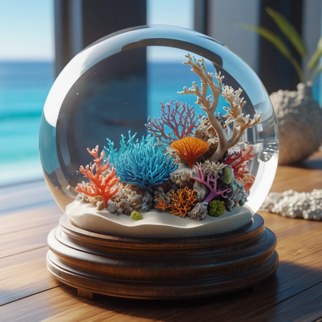 Surreal fish swimming inside a crystal glass sphere