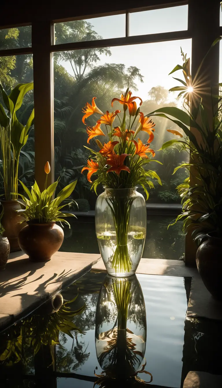 Sunset veranda with flowers and koi in a glass vase