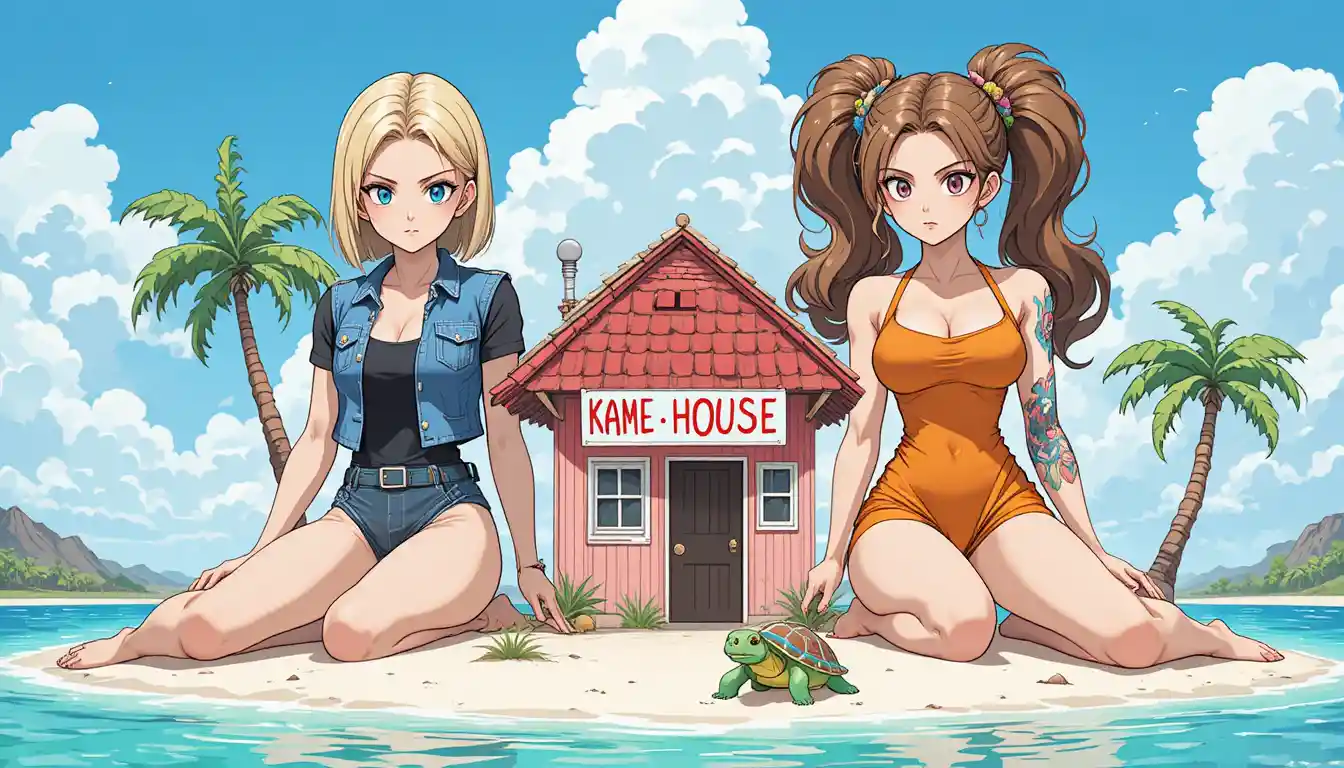 Zwei gigantische Anime-Frauen auf einer winzigen Tropeninsel