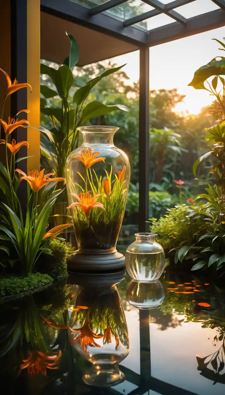 Low angle view of koi vase in a sunset veranda garden