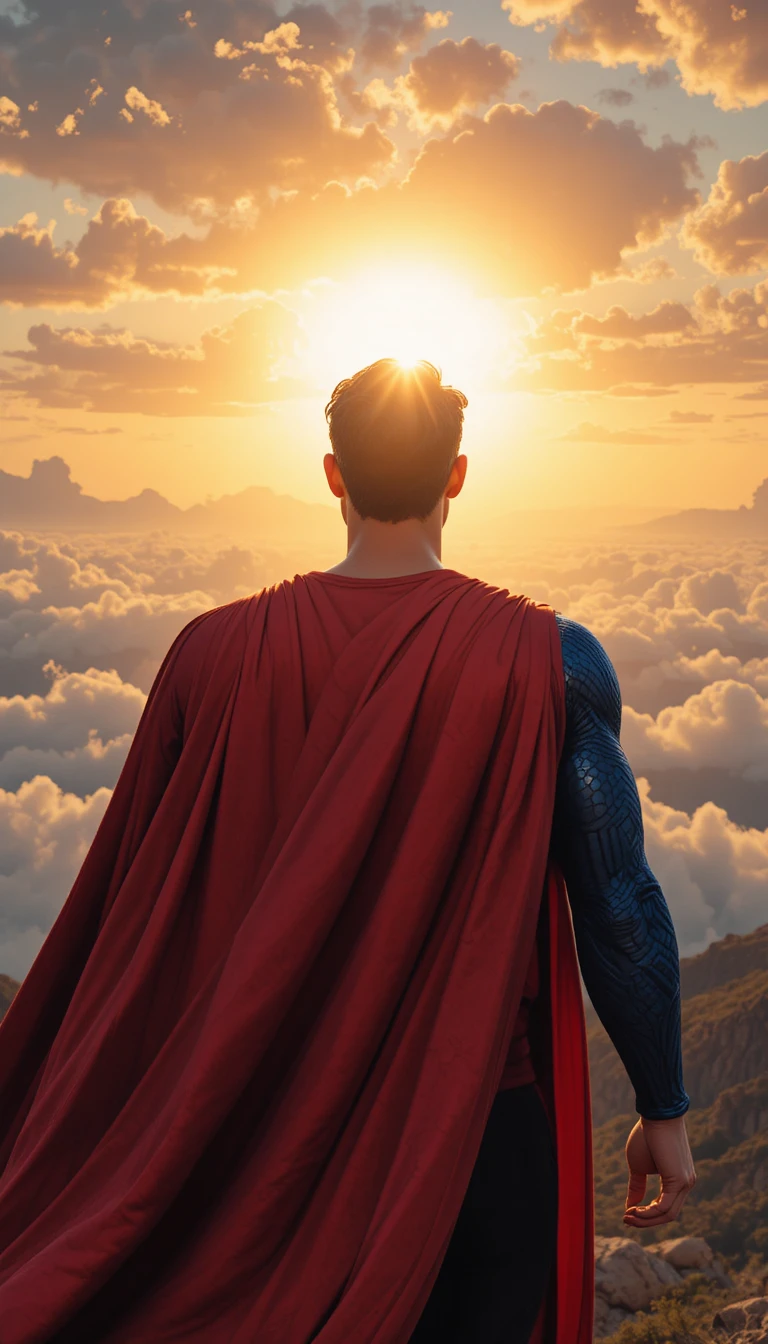 Super-herói Voando em Direção a um Imenso Horizonte ao Pôr do Sol