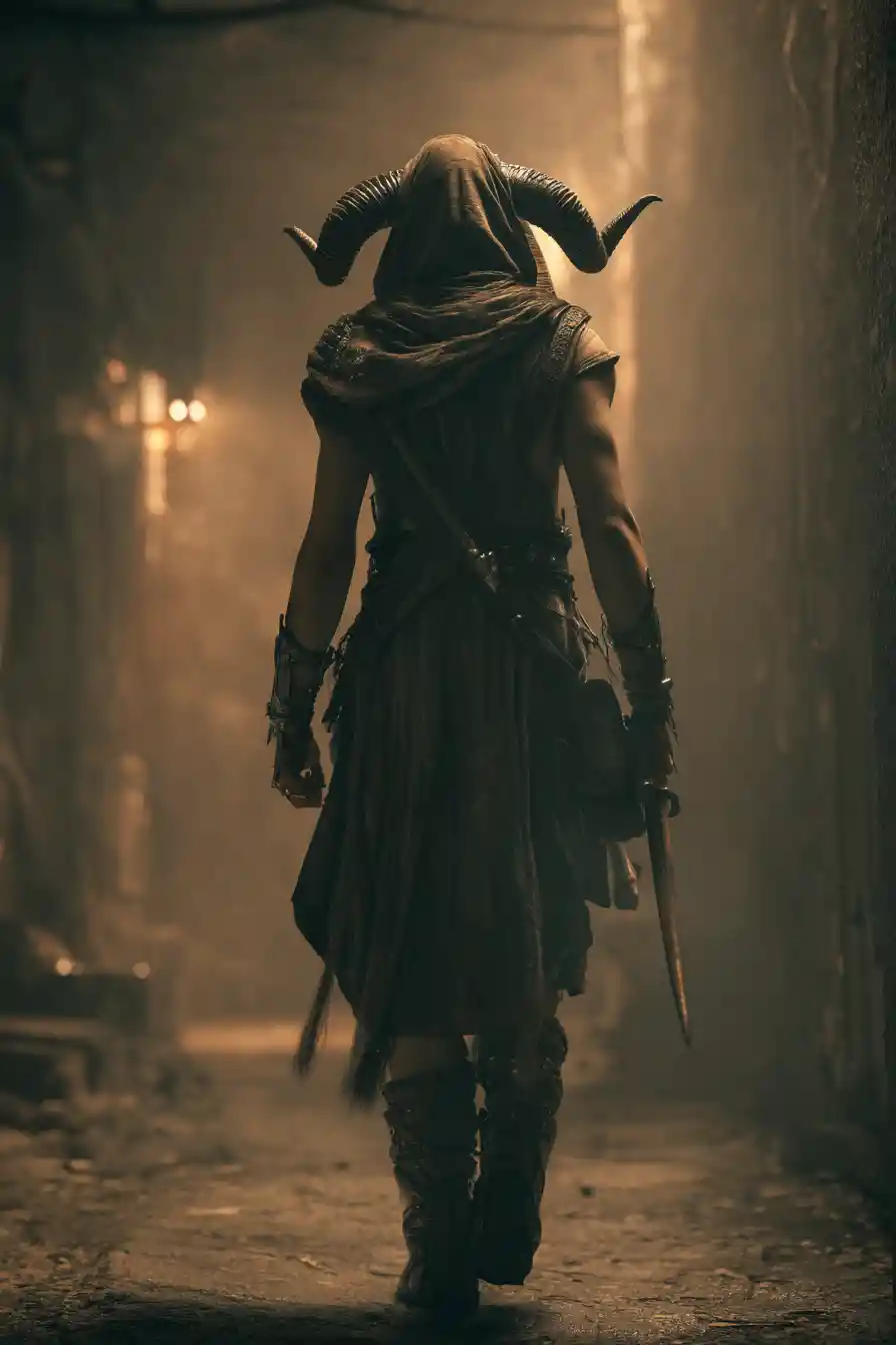 Fantasy human bard standing in a dark urban back alley