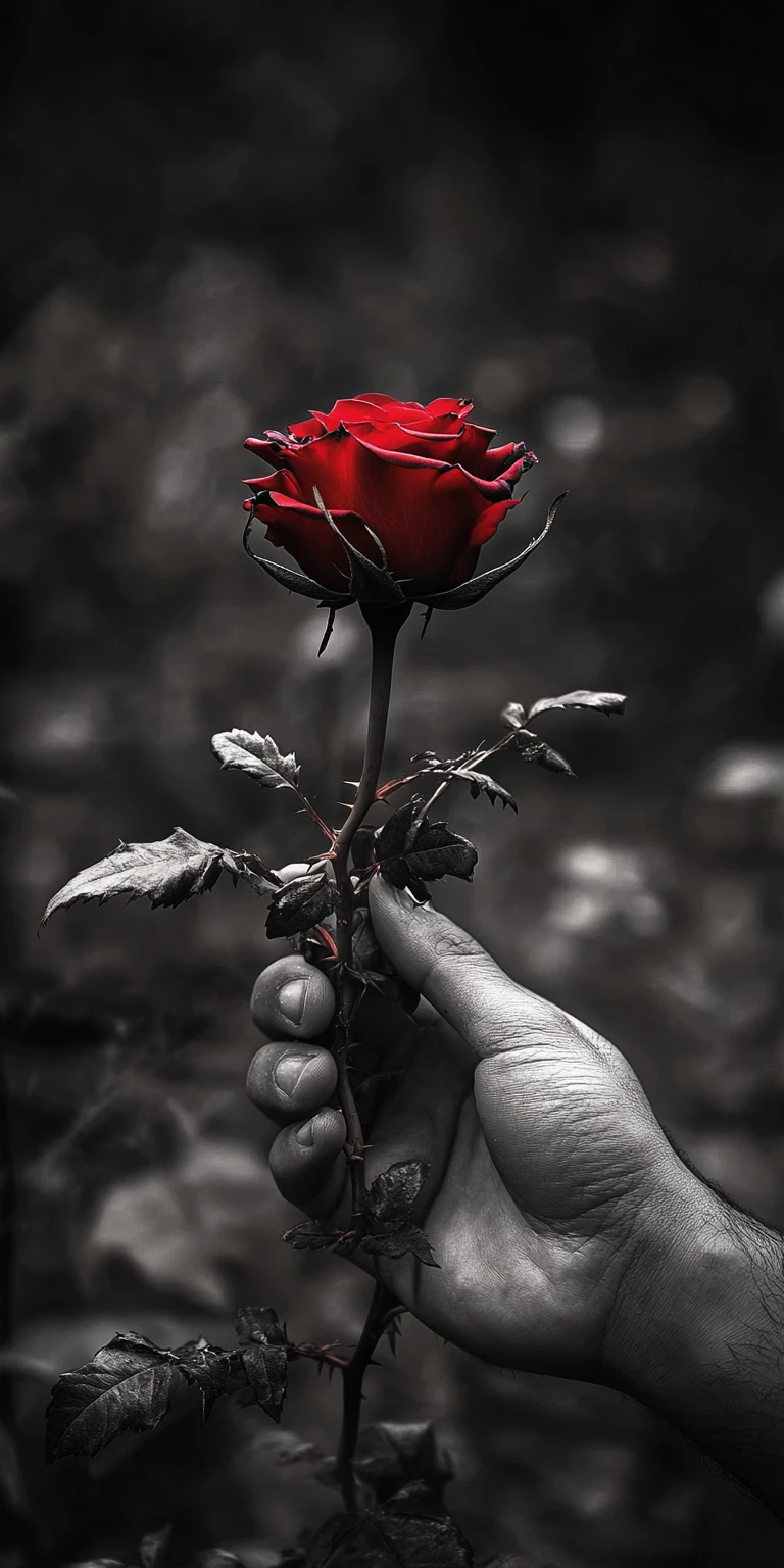 Black And White Hand Holding A Single Red Rose