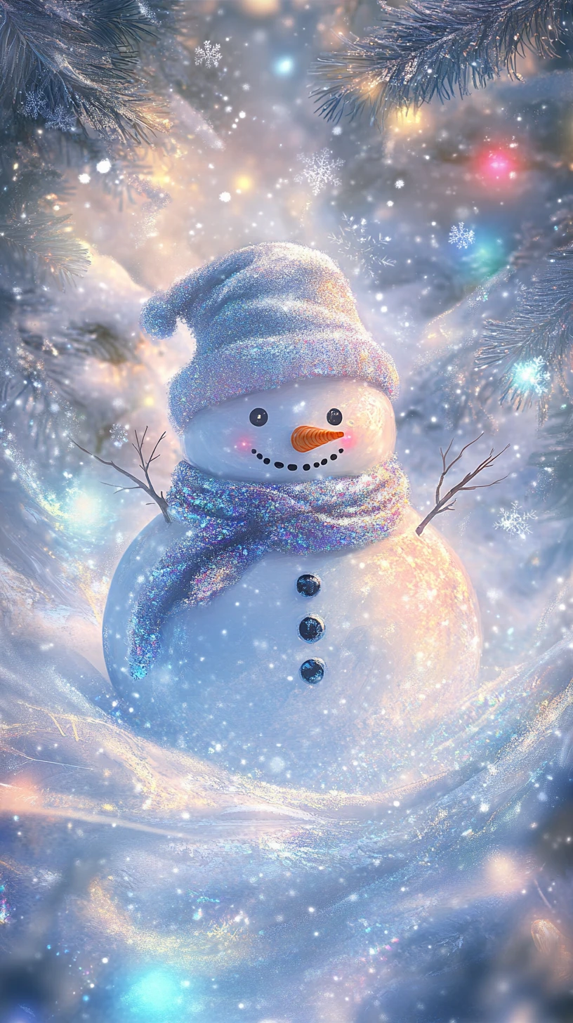 Abstract glowing snowman in a magical winter landscape