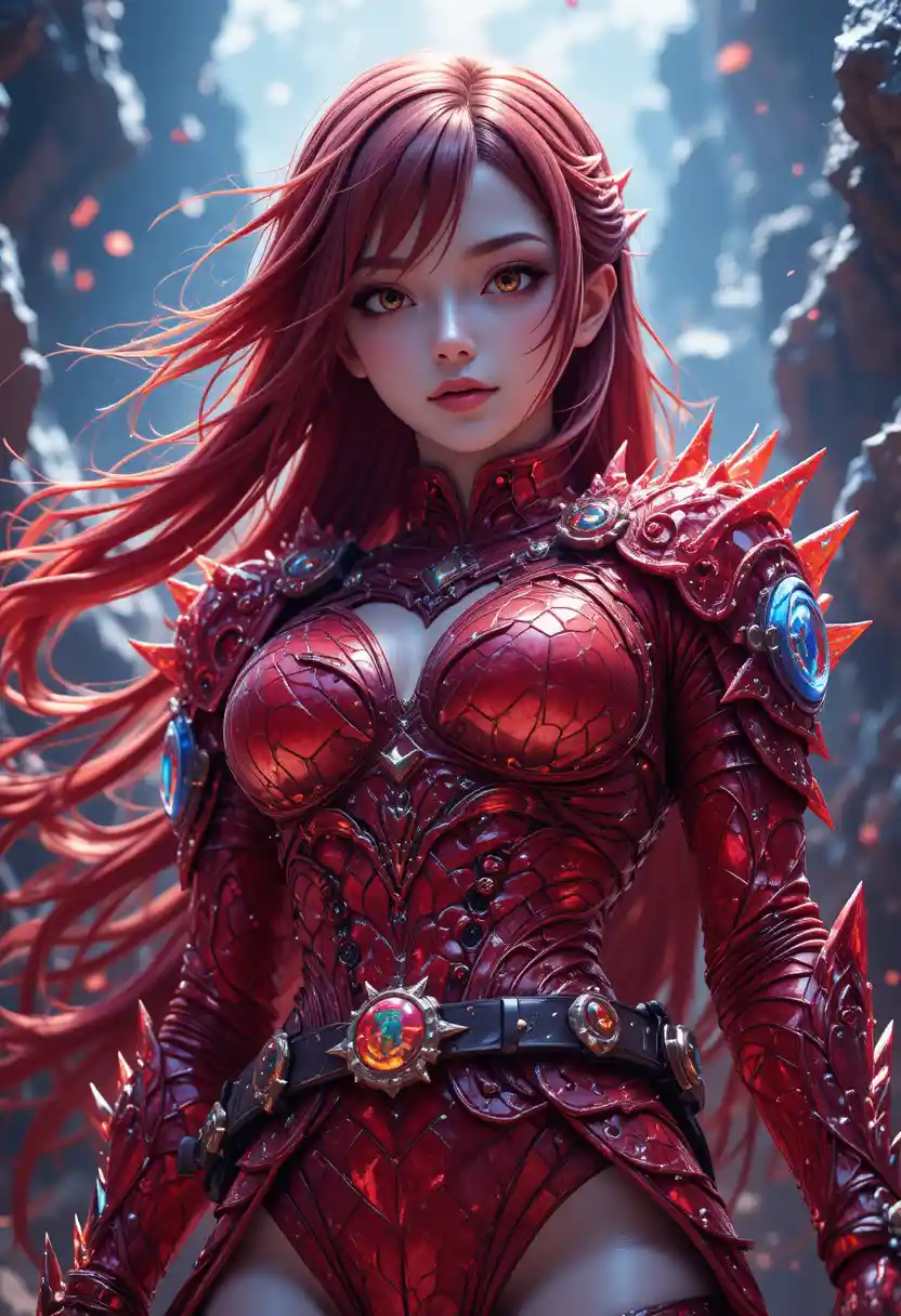 紅色水晶巨龍鎧甲的動畫女戰士
