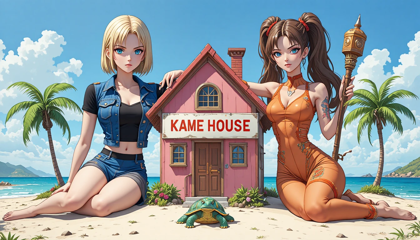 Ragazze anime giganti che si rilassano accanto a una piccola casa su un'isola